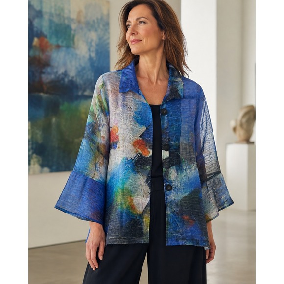 Damee Jackets & Blazers - Damee Abstract Art to Wear Sheer Textured Button Up Jacket Topper Blue Medium